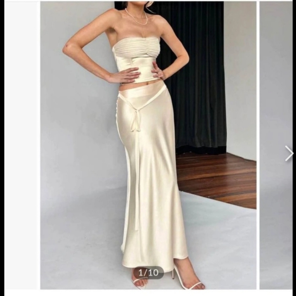 COMMENSE- Ivory Glow Satin Two Piece Set